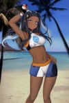  1girl armlet belly_chain black_hair blue_eyes blue_hair breasts dark_skin earrings gloves gym_leader hair_bun highres hoop_earrings jewelry long_hair looking_at_viewer multicolored_hair navel necklace nurumaru_yu poke_ball pokemon pokemon_(game) pokemon_swsh rurina_(pokemon) single_glove solo swimsuit tankini two-tone_hair 