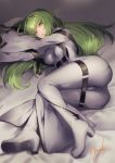 1girl :o bangs blush bodysuit boots breasts c.c. code_geass green_hair high_heel_boots high_heels highres kyouya_(mukuro238) long_hair looking_at_viewer lying medium_breasts multiple_straps on_side sleeves_past_fingers sleeves_past_wrists solo thigh-highs thigh_boots tsurime very_long_hair white_bodysuit white_footwear yellow_eyes 
