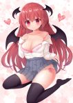  1girl absurdres bangs bare_shoulders black_legwear blush bow bow_bra bra breasts commentary_request demon_wings eyebrows_visible_through_hair floral_background grey_skirt hair_between_eyes hand_on_own_chest head_wings heart highres koakuma large_breasts long_hair long_sleeves looking_at_viewer miniskirt no_shoes off_shoulder panties pink_bra pink_panties pleated_skirt red_eyes redhead shirt side-tie_panties sitting skindentation skirt smile solo strap_slip suigetsu_(watermoon-910) thighs touhou underwear very_long_hair wariza white_shirt wings 