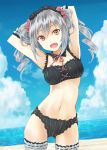  1girl :o armpits arms_behind_head beach bikini black_bikini blue_sky brown_eyes clouds commentary_request day drill_hair frilled_hairband frills grey_hair hair_between_eyes hairband head_tilt idolmaster idolmaster_cinderella_girls kanzaki_ranko long_hair midriff minasato_hibiki navel ocean pink_ribbon ribbon sky solo swimsuit thigh-highs twin_drills twintails white_legwear 