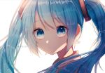  1girl blue_eyes blue_hair close-up commentary hair_ornament hatsune_miku highres long_hair looking_at_viewer looking_to_the_side mame_kuri parted_lips portrait solo twintails twitter_username very_long_hair vocaloid white_background 