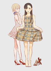  2girls bangs banira_(oocooocooocoo) black_hair blonde_hair blunt_bangs blush braid brown_eyes checkered checkered_dress collarbone darjeeling_(girls_und_panzer) dress feet footwear_removed french_braid girls_und_panzer grey_background hand_on_own_cheek high_heels highres long_hair looking_at_another multiple_girls nail_polish nishi_kinuyo open_mouth simple_background smile standing thighs tied_hair 