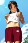  1girl absurdres bangs black_hair blue_sky blurry blurry_background blush breasts brown_eyes clouds cowboy_shot day depth_of_field eyebrows_visible_through_hair fingernails highres lifted_by_self looking_at_viewer matsunaga_kouyou navel nose_blush original outdoors parted_bangs parted_lips red_shorts see-through shirt shirt_lift short_shorts short_sleeves shorts sky small_breasts solo standing sweat tan twintails upper_teeth wet wet_clothes wet_shirt white_shirt 