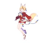  1girl absurdres animal_ears bangs blonde_hair brown_hair fingerless_gloves fire_emblem fire_emblem_fates fire_emblem_heroes fox_ears fox_tail full_body fur_trim gloves hair_ornament highres japanese_clothes long_sleeves looking_at_viewer multicolored_hair nagisa_kurousagi official_art parted_lips sandals selkie_(fire_emblem) shiny shiny_skin short_hair smile solo tabi tail teeth thigh_strap transparent_background white_legwear wide_sleeves yellow_eyes 