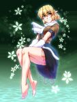  1girl arm_warmers bangs bare_legs barefoot black_skirt blonde_hair breasts brown_shirt commentary_request eyebrows_visible_through_hair full_body green_background green_eyes hair_between_eyes head_tilt invisible_chair looking_at_viewer medium_breasts miniskirt mizuhashi_parsee ootsuki_wataru pointy_ears scarf shirt short_hair short_sleeves sidelocks sitting skirt smile solo thighs touhou v_arms white_scarf 