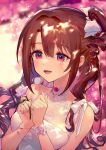  1girl :d ainy77 artist_name bangs bare_arms bare_shoulders blush bow breasts brown_hair commentary_request dress drill_hair eyebrows_visible_through_hair flower hair_between_eyes hair_bow hair_intakes hands_up highres holding holding_flower idolmaster idolmaster_cinderella_girls long_hair medium_breasts nail_polish one_side_up open_mouth pink_flower pink_nails pink_rose pom_pom_(clothes) red_eyes ribbon rose shimamura_uzuki sidelocks sleeveless sleeveless_dress smile solo twitter_username upper_body white_bow white_dress white_ribbon 
