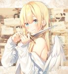 1girl angel angel_wings bangs bare_shoulders blonde_hair blush closed_mouth collared_shirt commentary_request dress_shirt earrings eyebrows_visible_through_hair feathered_wings fingernails green_eyes hair_between_eyes holding holding_sword holding_weapon jewelry long_hair long_sleeves off_shoulder open_clothes open_shirt original shirt short_sword sleeves_past_wrists smile solo stud_earrings sword toosaka_asagi upper_body weapon white_shirt white_wings wings 
