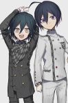  2boys absurdres ahoge alternate_costume alternate_eye_color black_hair checkered checkered_scarf commentary_request dangan_ronpa hair_between_eyes highres huyuharu0214 jacket llong_sleeves long_sleeves looking_at_viewer male_focus multiple_boys new_dangan_ronpa_v3 open_mouth ouma_kokichi purple_hair saihara_shuuichi scarf short_hair simple_background smile straitjacket striped striped_jacket striped_legwear violet_eyes white_background white_jacket 