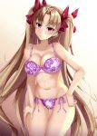  1girl bangs bare_shoulders blonde_hair blush bow bra breasts closed_mouth collarbone ereshkigal_(fate/grand_order) fate/grand_order fate_(series) fukuda_shuushi gradient gradient_background hair_bow hands_on_hips highres long_hair looking_at_viewer navel panties parted_bangs purple_bra purple_panties red_bow red_eyes side-tie_panties smile solo thighs two_side_up underwear very_long_hair 