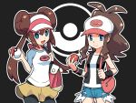  2girls :d baseball_cap black_background black_legwear blue_eyes brown_hair hat highres long_hair looking_at_viewer mei_(pokemon) multiple_girls muu_(mumumer) open_mouth pantyhose poke_ball pokemon pokemon_(game) pokemon_bw pokemon_bw2 ponytail short_shorts shorts sidelocks smile touko_(pokemon) twintails very_long_hair visor_cap wristband 