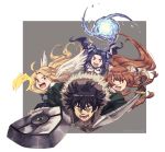  1boy 3girls animal_ears attack attacking_viewer black_gloves black_hair blonde_hair blue_eyes breastplate brown_hair dress feathered_wings firo_(tate_no_yuusha_no_nariagari) fumafu gloves green_eyes highres iwatani_naofumi long_hair magic melty_q_melromarc multiple_girls purple_dress purple_hair raccoon_ears raccoon_girl raphtalia screaming shield sword tate_no_yuusha_no_nariagari twintails violet_eyes water weapon wings 