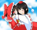  2girls animemania1106 ascot black_hair bow brown_hair carrying clouds detached_sleeves hair_bow hair_tubes hakurei_reimu hat highres long_hair multiple_girls open_mouth pom_pom_(clothes) princess_carry red_eyes shameimaru_aya short_hair sky smile tokin_hat touhou wings yuri 