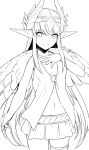  1girl bangs breasts circe_(fate/grand_order) eyebrows_visible_through_hair fate/grand_order fate_(series) feathered_wings head_wings jewelry long_hair looking_at_viewer monochrome pointy_ears shiseki_hirame simple_background skirt smile solo white_background wings 