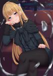  1girl absurdres arm_rest bangs black_legwear blonde_hair blue_eyes blush breasts crossed_legs eyebrows_visible_through_hair fate/grand_order fate_(series) flower hair_ornament hand_on_own_face hat highres long_hair long_sleeves looking_at_viewer lord_el-melloi_ii_case_files night night_sky pantyhose reines_el-melloi_archisorte sitting sky smile solo window yagiryu 