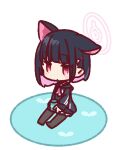  1girl animal_ears black_hair black_jacket blue_archive blunt_bangs blush cat_ears chibi colored_inner_hair extra_ears hair_ornament hairclip halo jacket kazusa_(blue_archive) long_sleeves multicolored_hair neckerchief pink_eyes pink_hair red_neckerchief short_hair simple_background sitting solo white_background yoru_nai 