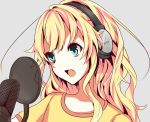  1girl bangs blonde_hair blue_eyes blush breasts commentary_request face green_eyes grey_background headphones idolmaster idolmaster_cinderella_girls long_hair messy_hair microphone ootsuki_yui open_mouth shirt simple_background solo xazmx yellow_shirt 