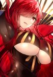  1girl arm_up bangs black_bodysuit bodysuit breasts cape fate/grand_order fate_(series) grin hair_over_one_eye large_breasts licking_lips long_hair looking_at_viewer oda_nobunaga oda_nobunaga_(fate) oda_nobunaga_(maou_avenger)_(fate) parted_lips red_eyes redhead skindentation smile solo tongue tongue_out touwa_nikuman under_boob underboob_cutout upper_body very_long_hair 