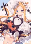  1girl abigail_williams_(fate/grand_order) ana_(rznuscrf) animal_ears bangs black_skirt blonde_hair blue_eyes blush bow breasts cat_ears cat_tail closed_mouth dress fate/grand_order fate_(series) forehead highres keyhole long_hair long_sleeves looking_at_viewer maid_headdress orange_bow parted_bangs skirt sleeves_past_fingers sleeves_past_wrists small_breasts smile solo staff stuffed_animal stuffed_toy tail teddy_bear very_long_hair white_dress 
