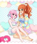  2girls :3 blush breasts brown_eyes brown_hair hair_ornament heart heart_pillow hituzipome holding_hands idolmaster idolmaster_cinderella_girls large_breasts long_hair long_sleeves moroboshi_kirari multiple_girls pillow ponytail sitting skirt sleeveless smile star star_hair_ornament striped striped_background striped_hoodie twintails yumemi_riamu 