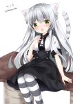  1girl :o animal_ear_fluff animal_ears black_skirt blush breasts cat_ears cat_girl cat_tail copyright_request dated fang green_eyes hand_up head_tilt long_hair looking_at_viewer medium_breasts nanase_nao open_mouth pantyhose pleated_skirt shirt short_sleeves silver_hair simple_background sitting skirt solo striped striped_legwear striped_tail tail tail_raised twitter_username very_long_hair white_background white_shirt 