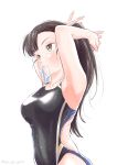  1girl absurdres armpits bangs black_hair blunt_bangs blush bright_pupils brown_eyes collarbone covered_navel girls_und_panzer hair_tie_in_mouth hand_behind_head highres long_hair mouth_hold navel nishi_kinuyo oze_(xyz_go_go11) scrunchie simple_background solo standing swimsuit tying_hair water_drop white_background white_pupils 