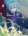 1girl asymmetrical_gloves blue_eyes blue_gloves blue_hair eyebrows_visible_through_hair fingerless_gloves floating_hair gloves hair_between_eyes holding_bow looking_at_viewer parted_lips short_hair shoulder_armor sinon_(sao-alo) sitnon solo standing sword_art_online 