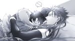  2boys age_difference belt bracelet cape child closed_eyes cu_chulainn_(fate/grand_order) earrings elbow_gloves fate/grand_order fate_(series) fujimaru_ritsuka_(male) gloves greyscale jewelry lancer long_hair male_focus messy_hair monochrome multiple_boys pillow size_difference sleeping younger yukinaga zzz 