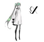 1girl bare_shoulders boots coat commentary english_commentary expressionless full_body green_eyes green_hair greyscale hatsune_miku highres knee_boots long_hair looking_at_viewer monochrome solo spot_color standing twintails very_long_hair vocaloid white_background yyb 