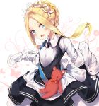 1girl abigail_williams_(fate/grand_order) bangs bbci black_skirt blonde_hair blue_eyes blush braid breasts dress fate/grand_order fate_(series) forehead french_braid highres keyhole long_hair long_sleeves looking_at_viewer maid_headdress open_mouth parted_bangs sash simple_background skirt sleeves_past_fingers sleeves_past_wrists smile stuffed_animal stuffed_toy teddy_bear very_long_hair white_background white_dress 