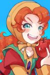  1girl blue_eyes blush breasts commentary_request curly_hair dragon_quest dragon_quest_vii dress hood long_hair looking_at_viewer maribel_(dq7) open_mouth redhead simple_background smile solo 
