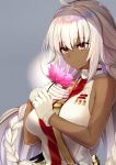  1girl ahoge braid commentary_request dark_skin eyebrows_visible_through_hair fate/grand_order fate_(series) flower gloves grey_background hair_between_eyes hand_on_own_chest highres holding holding_flower lakshmibai_(fate/grand_order) light_smile long_hair lotus ninoude_(ninoude44) pink_flower shirt shoulder_strap sleeveless sleeveless_shirt solo twin_braids upper_body very_long_hair violet_eyes white_gloves white_hair white_shirt 