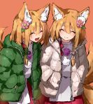  2girls :d ^_^ animal_ear_fluff animal_ears bangs blush brown_background brown_hair closed_eyes closed_mouth down_jacket eyebrows_visible_through_hair facing_viewer flower fox_ears fox_girl fox_tail green_jacket grey_jacket hair_between_eyes hair_flower hair_ornament hakama hands_in_pockets jacket japanese_clothes long_sleeves miko multiple_girls open_clothes open_jacket open_mouth original pink_flower ramuya_(lamb) red_hakama shirt short_eyebrows simple_background smile tail thick_eyebrows white_shirt 