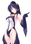  armpits bare_shoulders black_hair blue_hair blush breasts brown_eyes elbow_gloves erect_nipples gloves highleg linux os see-through shiny shiny_clothes sideboob simple_background skin_tight solo swimsuit thigh_gap 