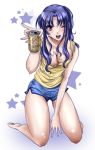  beer breasts brown_eyes can cleavage down_blouse drunk hacka katsuragi_misato long_hair neon_genesis_evangelion purple_hair shorts smile tank_top wink yebisu 