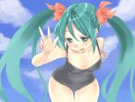  bent_over blue_eyes blue_hair gk hatsune_miku leaning_forward long_hair one-piece one-piece_swimsuit swimsuit twintails v vocaloid 