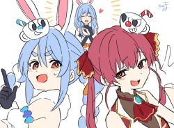  3girls :d ^_^ animal_ear_fluff animal_ears bare_shoulders bendy_straw black_gloves blue_hair blush braid carrot_hair_ornament closed_eyes commentary_request crossover cup cuphead cuphead_(game) detached_sleeves don-chan_(usada_pekora) dress drinking_straw fang food-themed_hair_ornament fur-trimmed_gloves fur_trim gloves hair_between_eyes hair_ornament hair_ribbon heart highres houshou_marine houshou_marine_(1st_costume) jacket kiritoma long_hair looking_at_viewer mother_and_daughter mugman multicolored_hair multiple_girls own_hands_together pekomama puffy_short_sleeves puffy_sleeves rabbit-shaped_pupils rabbit_ears red_eyes red_hair red_jacket red_ribbon ribbon short_eyebrows short_sleeves signature simple_background sleeveless sleeveless_jacket smile symbol-shaped_pupils thick_eyebrows twin_braids twintails two-tone_hair usada_pekora usada_pekora_(1st_costume) v-shaped_eyebrows white_background white_dress white_gloves white_hair white_sleeves 