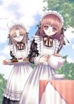  blonde_hair brown_eyes brown_hair detexted food frills glasses maid multiple_girls plastic_moon purple_eyes ribbon tea violet_eyes 