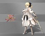  ahoge armor blonde_hair fate/stay_night fate/unlimited_codes green_eyes ribbon saber_lily sword wallpaper 