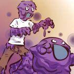  1boy costume dripping grimer hitec moemon open_mouth pants personification pokemon pokemon_(creature) pokemon_(game) pokemon_rgby simple_background slime smile standing t-shirt torn_clothes zombie 