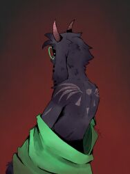  1boy alternate_skin_color animal_ears artist_name back back_focus bare_back black_fur commentary deltarune english_commentary furry furry_male glasses goat_boy goat_ears goat_horns green_robe highres horns male_focus mechamichal ralsei robe scar scar_on_back scar_on_shoulder solo undressing upper_body white_eyes 