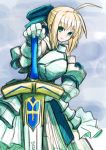  ahoge armored_dress bad_id blonde_hair dress fate/stay_night fate/unlimited_codes fate_(series) green_eyes ribbon saber saber_lily samaru solo sword weapon 