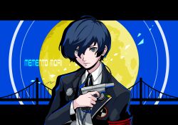  1boy armband blue_hair botati bridge closed_mouth evoker full_moon gekkoukan_high_school_uniform gun highres holding holding_gun holding_weapon latin_text letterboxed male_focus moon persona persona_3 school_uniform short_hair solo weapon yuuki_makoto_(persona_3) 