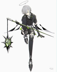  1boy absurdres arene_(arknights) arknights arm_support artist_name black_gloves black_jacket black_shoes black_thighhighs buttons commentary dated double-breasted elbow_gloves energy_wings english_commentary flail full_body garter_straps gloves grey_hair grey_halo halo highres holding holding_flail holding_weapon invisible_chair jacket knee_up looking_to_the_side male_focus pppmepl shoes short_hair short_sleeves simple_background sitting solo spiked_shoes spikes thigh-highs thigh_strap traditional_halo very_short_hair weapon white_background 