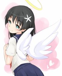  1girl angel angel_wings bare_arms black_hair blue_eyes blue_sailor_collar blue_skirt blush closed_mouth commentary flower from_side hair_flower hair_ornament halo hand_up heart long_hair looking_at_viewer neckerchief pink_background pleated_skirt red_neckerchief sailor_collar sakugawa_school_uniform saten_ruiko school_uniform serafuku shin_(highest1192) shirt short_sleeves skirt smile solo summer_uniform toaru_kagaku_no_railgun toaru_majutsu_no_index traditional_halo upper_body white_flower white_shirt white_wings wings yellow_halo 