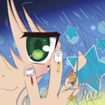  :3 blue_hair cat cathead cherry_(lucky_star) chocolate_cornet close-up crossover dog fingernails green_eyes izumi_konata lowres lucky_star macross macross_frontier mole nail_art nails nyamou parody shell solo star 