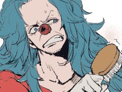  1boy abunaideka blue_eyes blue_hair brushing_hair buggy_the_clown clown_nose eyelashes hair_brush holding holding_hair_brush male_focus one_piece portrait red_nose red_shirt shirt solo sparse_stubble sweatdrop teeth uncomfortable white_background 
