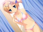  bikini blonde_hair blue_eyes brown_hair cleavage curtain_grab curtains dressing_room dutch_angle front-tie_top game_cg hair_ornament hairclip lowleg_bikini mirror pink_bikini ren-ai_training short_hair side_ponytail swimsuit tanline 