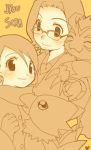  blush couple digimon digimon_adventure_02 glasses gloves gomamon jacket kido_jou kido_jyou kurot lowres piyomon scarf short_hair takenouchi_sora 