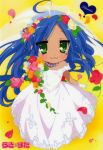  blue_hair bouquet bouquets bride dress flower gloves green_eyes izumi_konata jewelry lucky_star necklace wedding_dress 