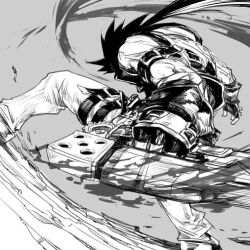 1boy arm_belt belt belt_buckle buckle dynamic_pose fingerless_gloves gloves grey_background greyscale guilty_gear hankuri holding holding_weapon jacket male_focus monochrome multiple_belts outstretched_arm pants short_hair_with_long_locks sketch sol_badguy solo thigh_belt thigh_strap weapon wind 